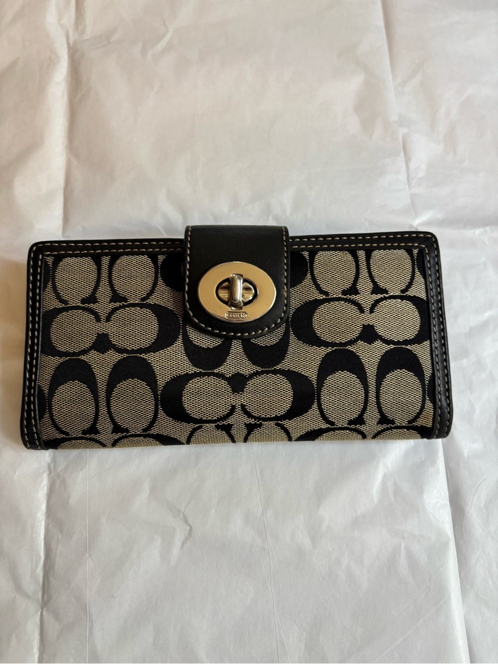Coach Signature Canvas Turnlock Wallet in Black and Tan